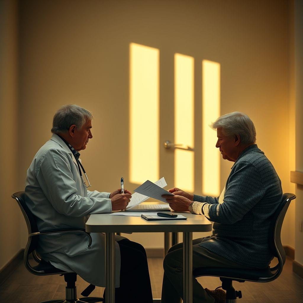 A doctor and patient reviewing a chart together in a quiet clinic room.