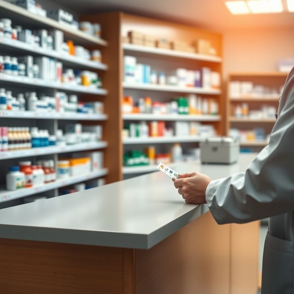 A dispensary counter with organised shelves behind.
